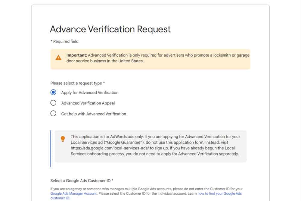Advanced Verification request form with Apply for Advanced Verification selected