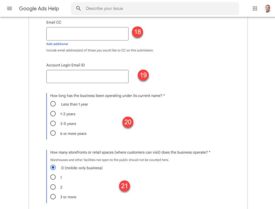 Advanced Verification fields for email CC, login email, years in business, and storefronts