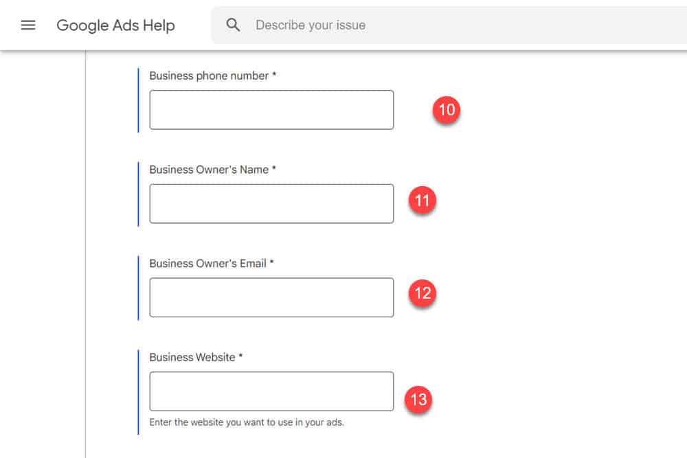 Advanced Verification form fields for phone, owner name, email, and website