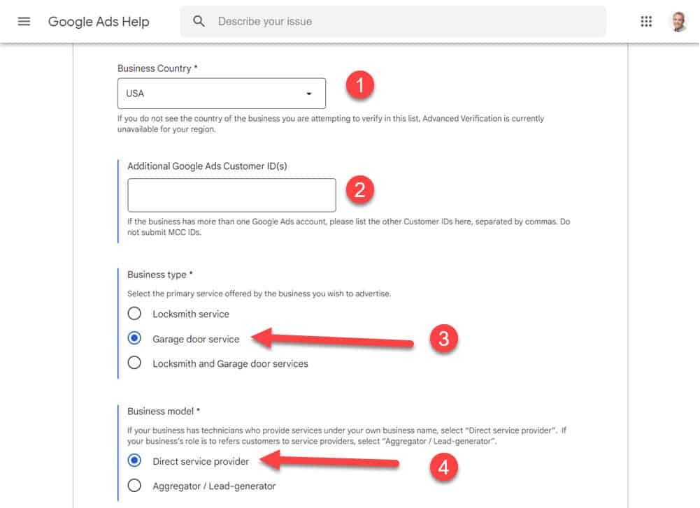Advanced Verification form fields for country, additional IDs, business type, and model