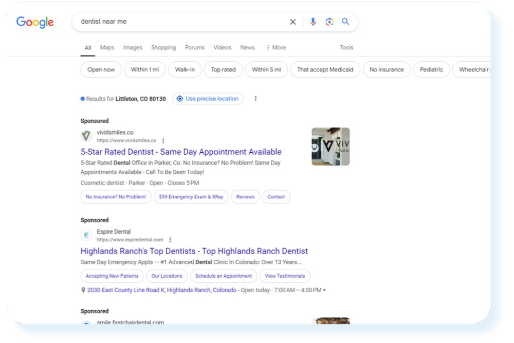 Google search results with sponsored ads for dental services