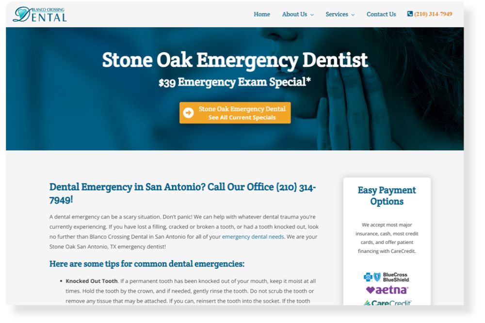 Dental website layout designed to convert visitors into booked patients