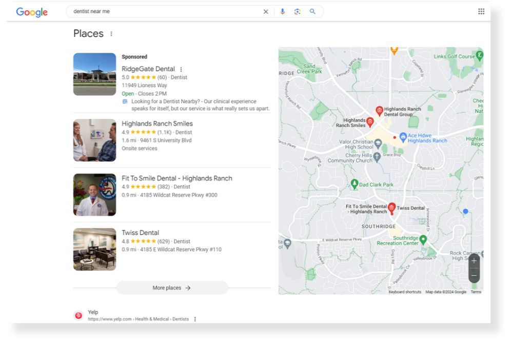 Google map pack results for a nearby dental office search