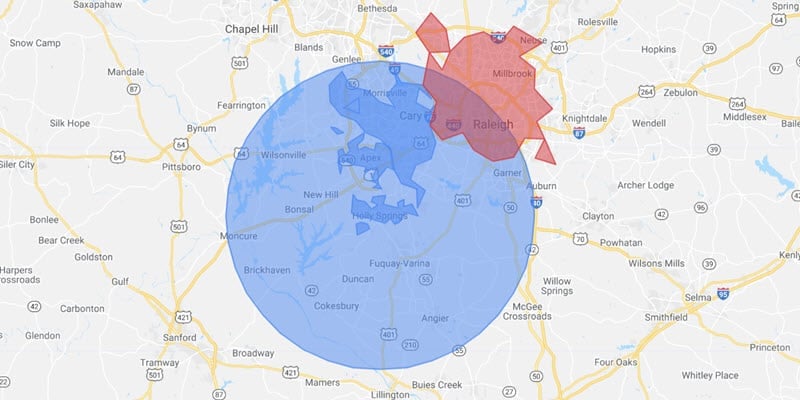 Google Ads geographic targeting map with included radius and excluded areas
