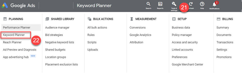 Google Ads Tools and Settings menu with Keyword Planner highlighted
