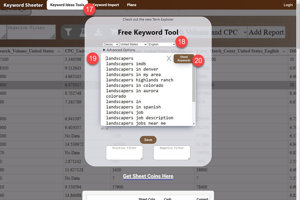 Keyword Sheeter autocomplete suggestions for landscapers