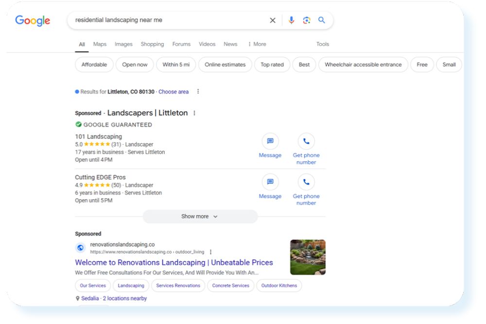 Google search results with sponsored ads for landscaping services