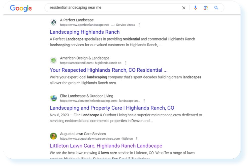 Search engine results showing a landscaping company ranking in organic listings