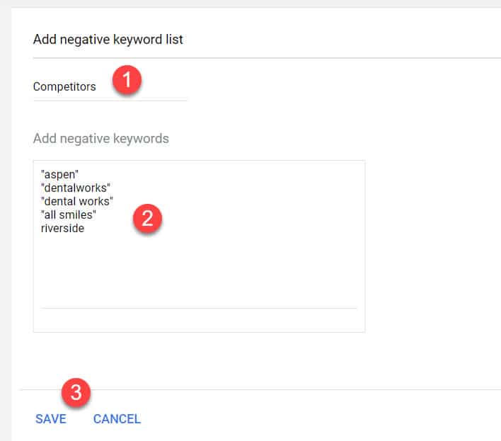 Google Ads form for naming a negative keyword list and pasting keywords