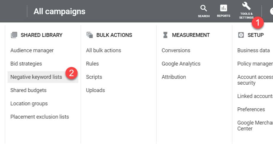Google Ads Tools and Settings menu with Negative keyword lists highlighted