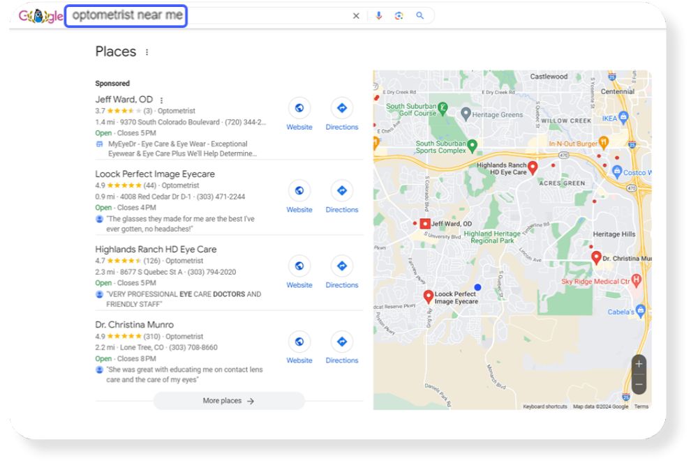 Google map pack results for a nearby optometrist search