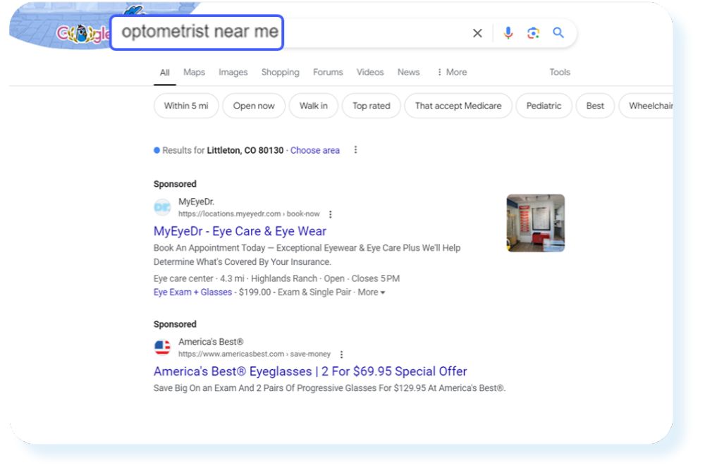 Google search results with sponsored ads for optometry services